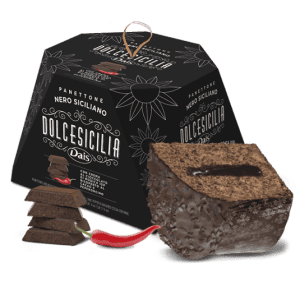 DOLCE SICILIA Panettone pyragas su juodo šokolado ir chili įdaru bei su kartaus šokolado trupiniais 800g